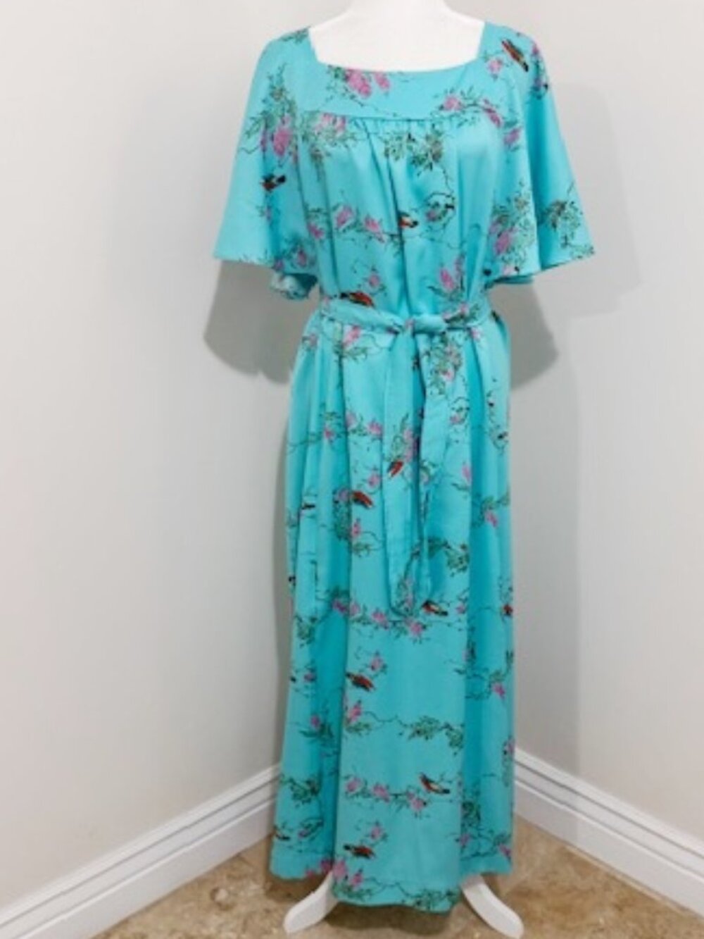 Vintage Pomare Hawaiian Blue Green Floral Bird Print Maxi Dress